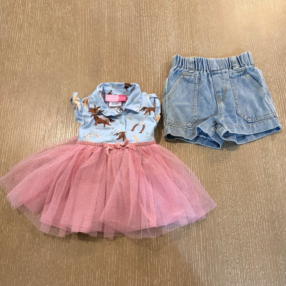 Goodlad Baby Girls Horse Print Tulle Dress & Denim Shorts Set 6 Months Pink